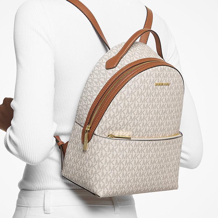 Michael Kors MK Sheila Gold Letter Logo Monogram Large Capacity Zipper Pocket Canvas Backpack Medium Women Backpack White 35F3G6HB6B-VANILLA