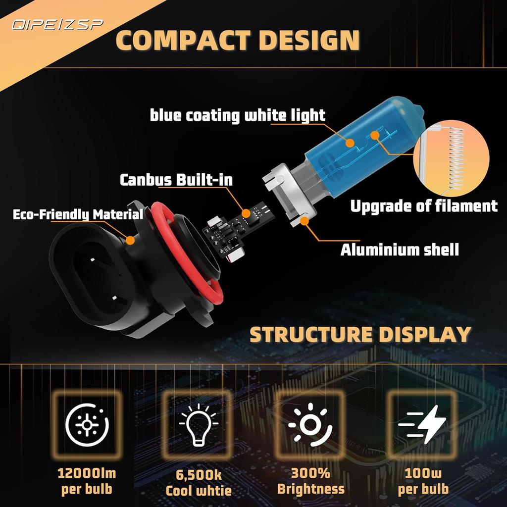 Headlight Bulbs Compatible with Ford Fusion 2006 2007 2008 2009 2011 2012 2013 2014 2015 2016 2017 2018 Halogen Lights,H7 High Beam + H11/H8/H9 Low