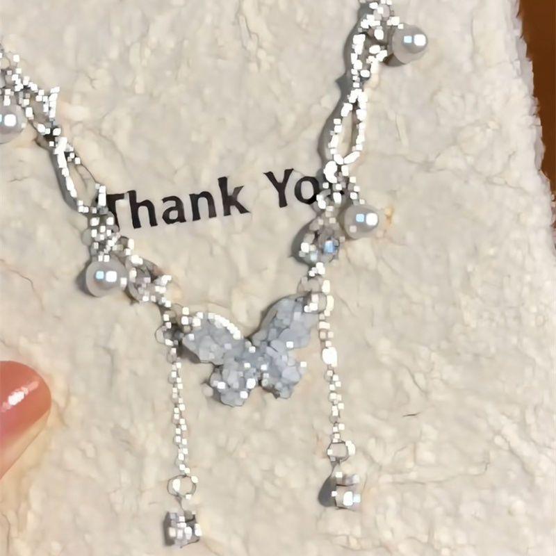 

Gradual change color ice crystal summer butterfly pearl tassel premium necklace neck chain sweet cool babes exquisite lock