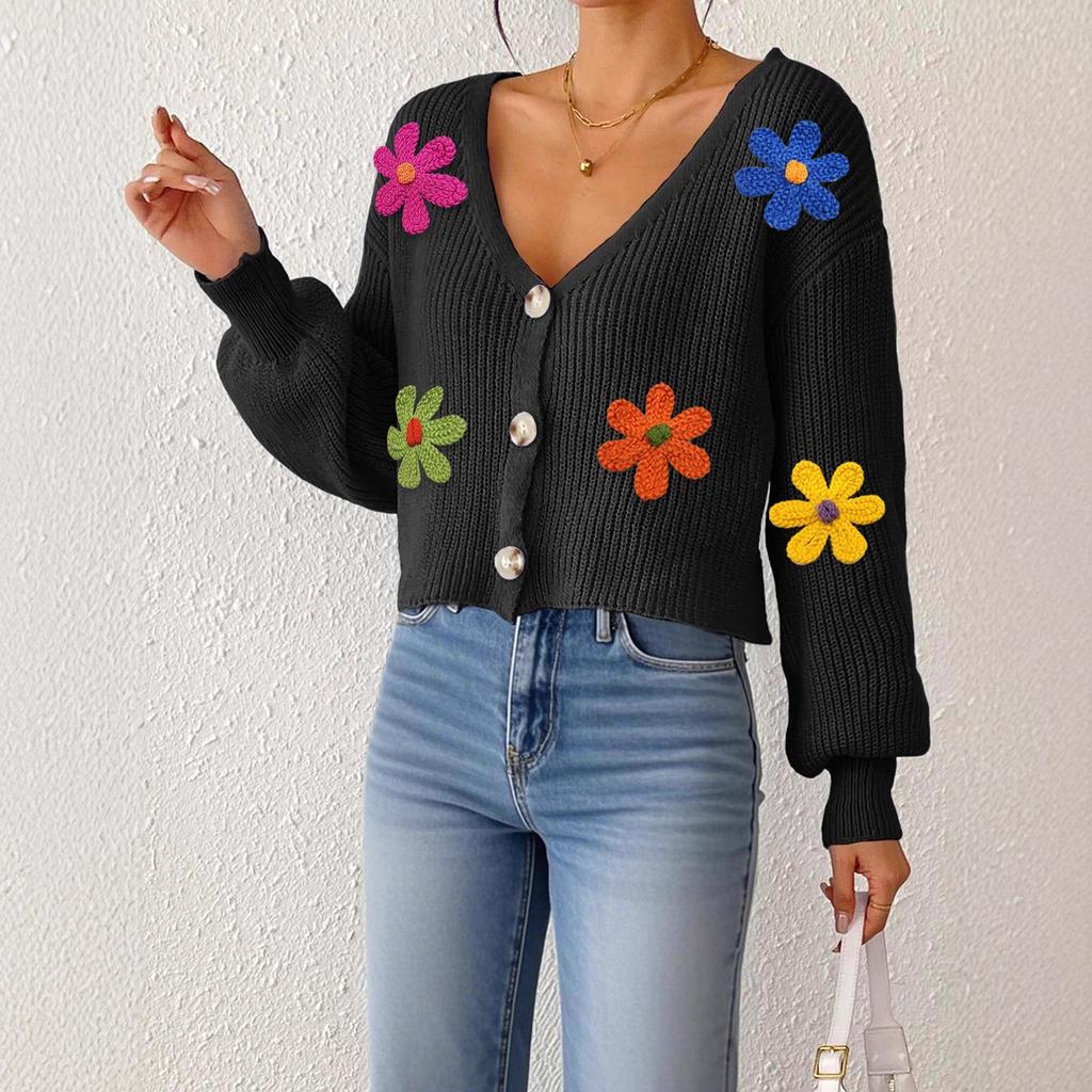 New Autumn and Winter Collection: Three-dimensional Embroidery, Colorful Flowers, Buttoned Cardigan, Sweater, Short Coat for Women