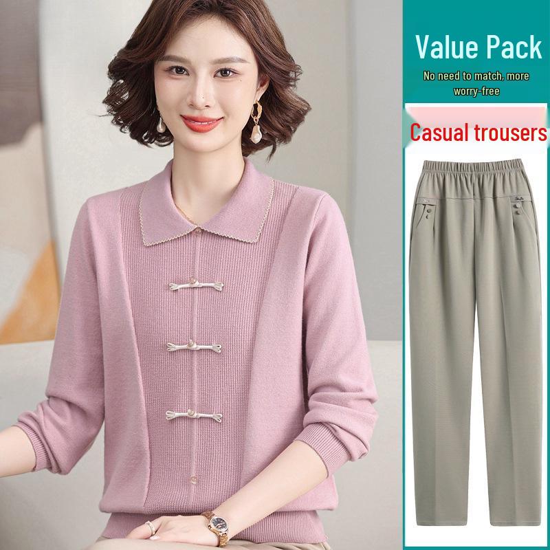 Elegant Autumn Knit Top & Sweater Set for Middle-Aged and Elderly Women