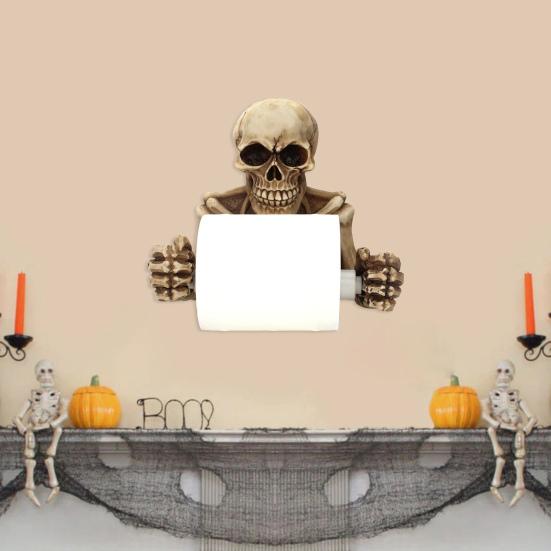 Creative Skull Toilet Paper Holder Wall Mount Paper Rack Simple Installation Halloween Skull Tissue Dispenser Bathroom Decoration