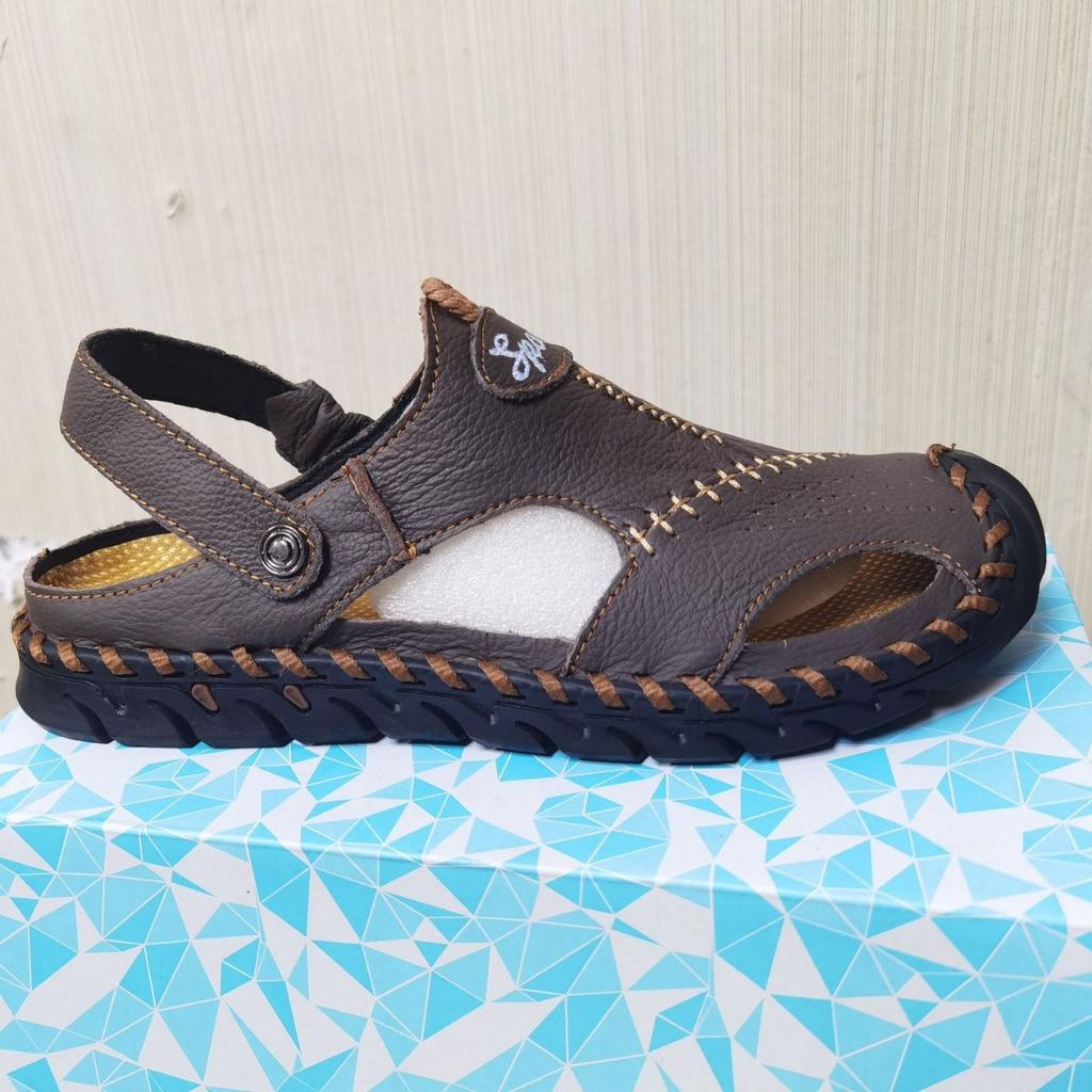 Large size men's sandals beach sandals dual-purpose men's breathable casual hollow leather sandals two-layer cowhide men's shoes