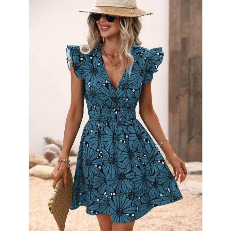 Μόδα φλοράλ με στάμπα καλοκαιρινό σέξι φόρεμα Γυναικεία Κομψά ιπτάμενα μανίκια κοντά φορέματα με λαιμόκοψη V-λαιμόκοψη Casual ψηλόμεση λεπτή εφαρμογή σε γραμμή Α Φαρδύ γυναικείο φόρεμα