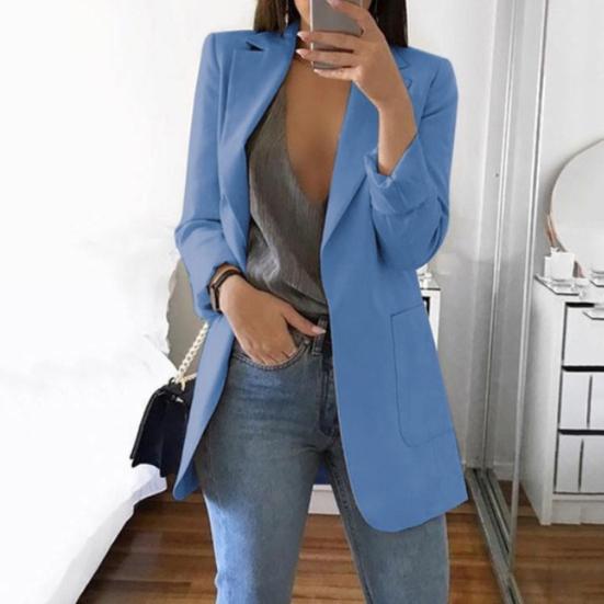 Costume de bureau mode pour femme Couleur unie Sans bouton Revers Coupe ajustée Blazer Manteau