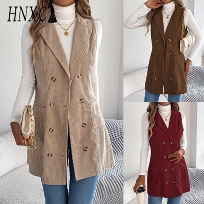 Autumn and Winter Solid-color Double-breasted Pocket Corduroy Long Vest Jacket for Women