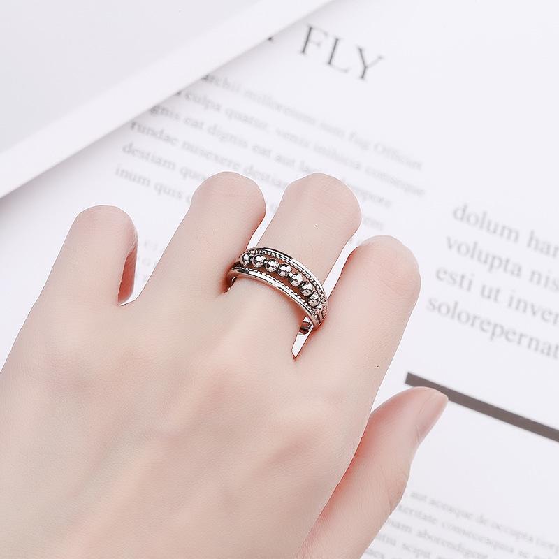 Adjustable Retro Polka Dot Beaded Couple Rings - European American Style In Thai Silver