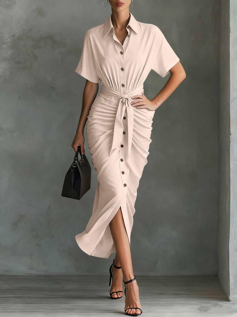 Women's Fashion Vintage Short-Sleeve Pleated Button-Down Shirt Dress