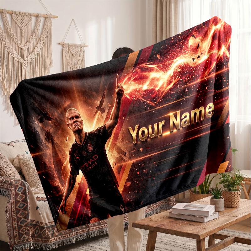 Erling Haaland Personalisierte Fleecedecke Mit Fußballlogo, Individueller Name Text Weich Warm Wohnzimmer Überwurfdecke