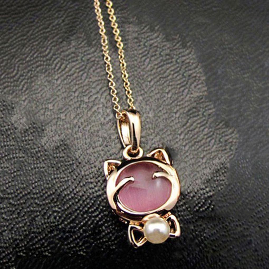 

Women Girls Lucky Cat Bow Pearl Pendant Necklace Sweater Chain Jewelry Gift