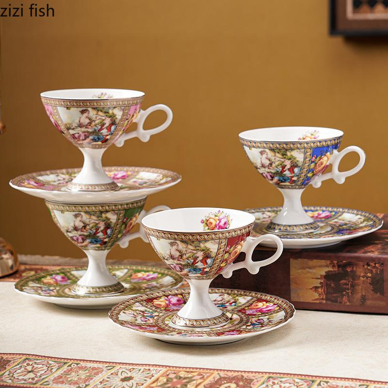 European Retro Ceramic Mug Coffee Cup and Saucer High Footed Flower Tea Cups Afternoon Tea Mug Water Cup Breakfast Cups Milk Mug