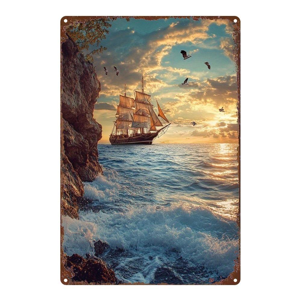Vintage Nautical Metal Wall Art, Old Sailing Ship Pirate Decor, Home Wall Decor