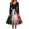 Women's Long Sleeve V Neck Vintage Style Dress with Halloween Print Casual Retro Fit and Flare Midi Dress with Waist Tie for Everyday Wear
