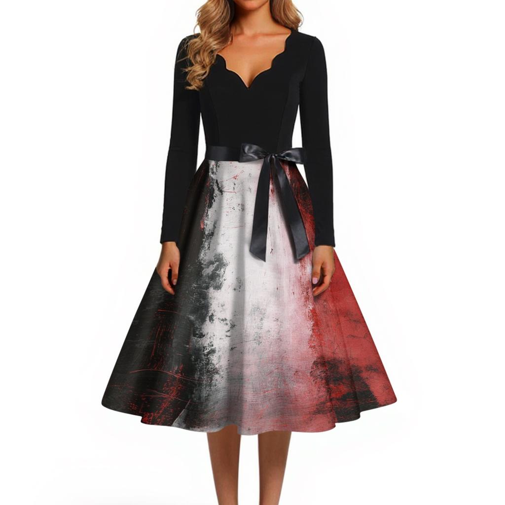 Women's Long Sleeve V Neck Vintage Style Dress with Halloween Print Casual Retro Fit and Flare Midi Dress with Waist Tie for Everyday Wear