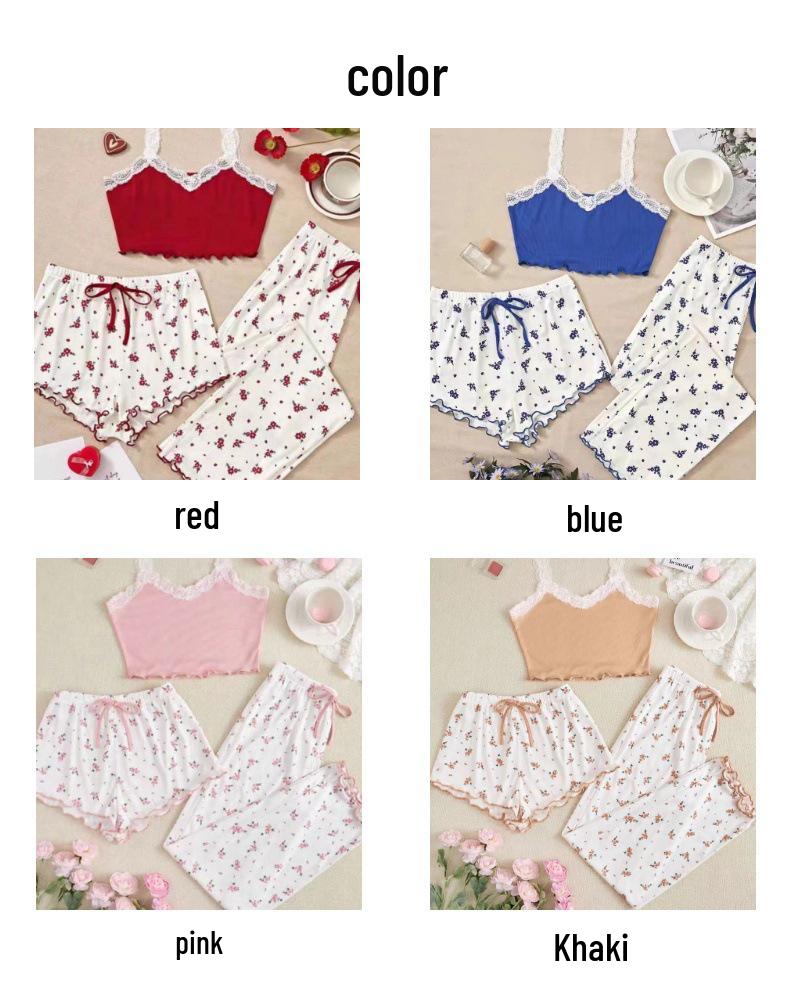 Pajama-Set aus floraler Spitze für Damen - Niedliches Sommer-Camisole mit kurzen und langen Hosen