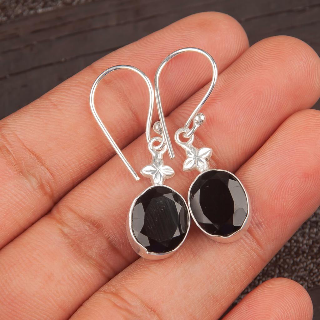 Black Onyx Gemstone 925 Solid Silver Jewelry Handmade Earrings 1.30" For Wedding EE-6-17