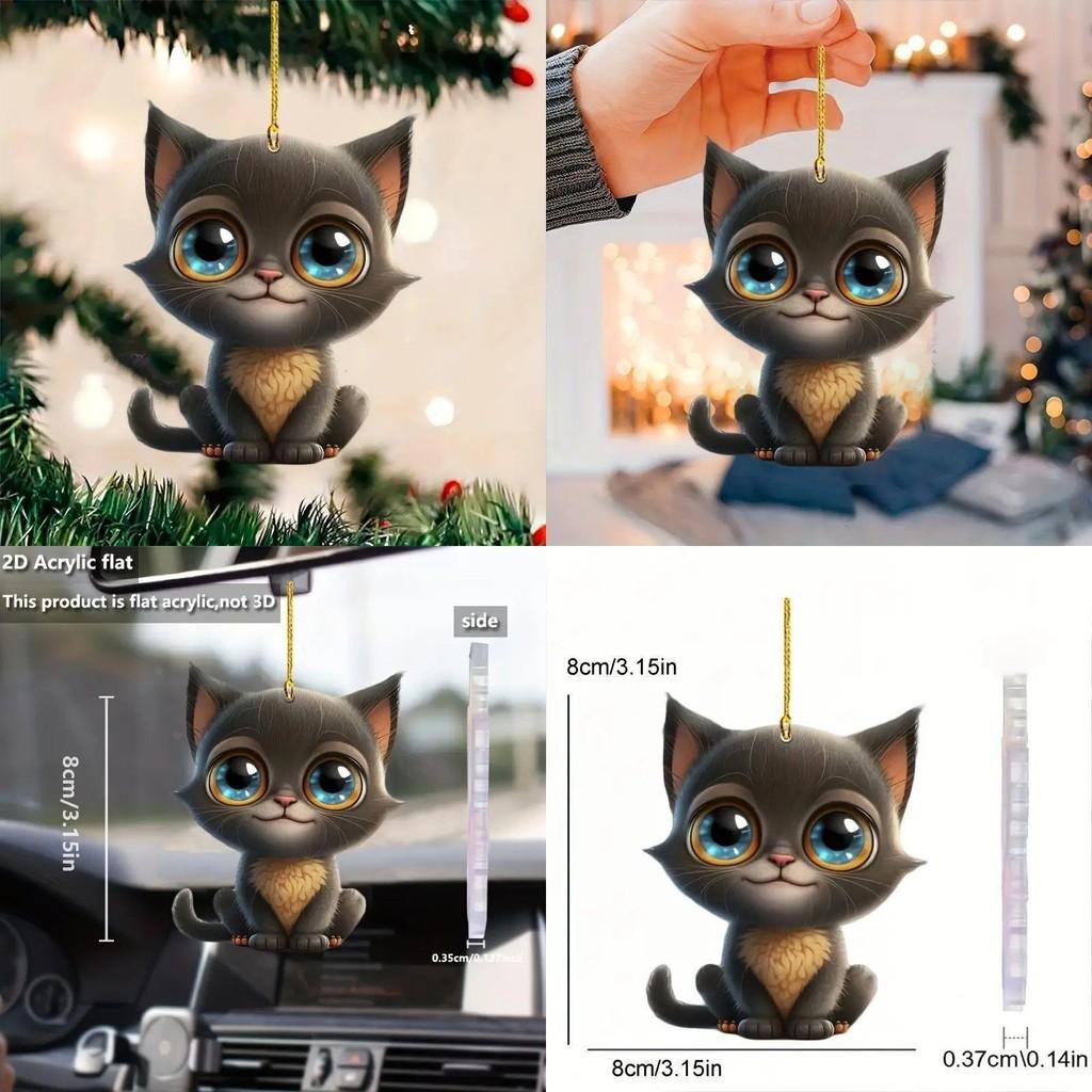 Акриловая подвеска на елку с плоской поверхностью, игривый кот с большими глазами