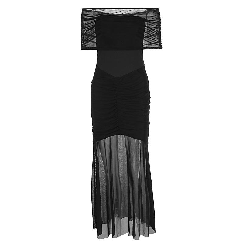 Spring Off-Shoulder Backless Maxi Dress For Women Gown Fashion Mesh Strapless Sleeveless Bodycon Long Dress Elegant