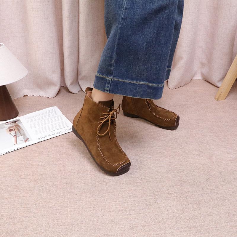 Johnature Retro Cow Suede Lace Up Short Boots Versatile Square Toe Soft Sole Comfortable Women's Ankle Boots