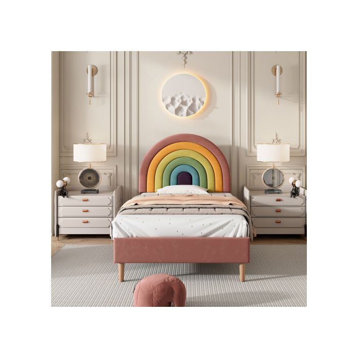 Lit rembourré - MUVOE - 90x200 cm - Tête de lit réglable - Velours rose - 1 place