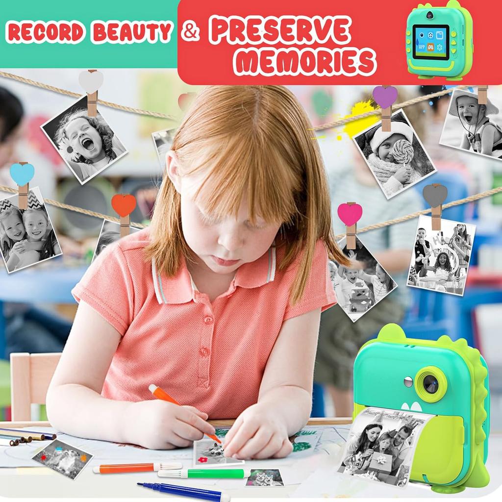 Instant Print Camera for Kids, Inkless Sticker Printer for Girls Boys Age 3-12, 20MP HD Digital Video Cameras, Mini Thermal Printer Kid Toy