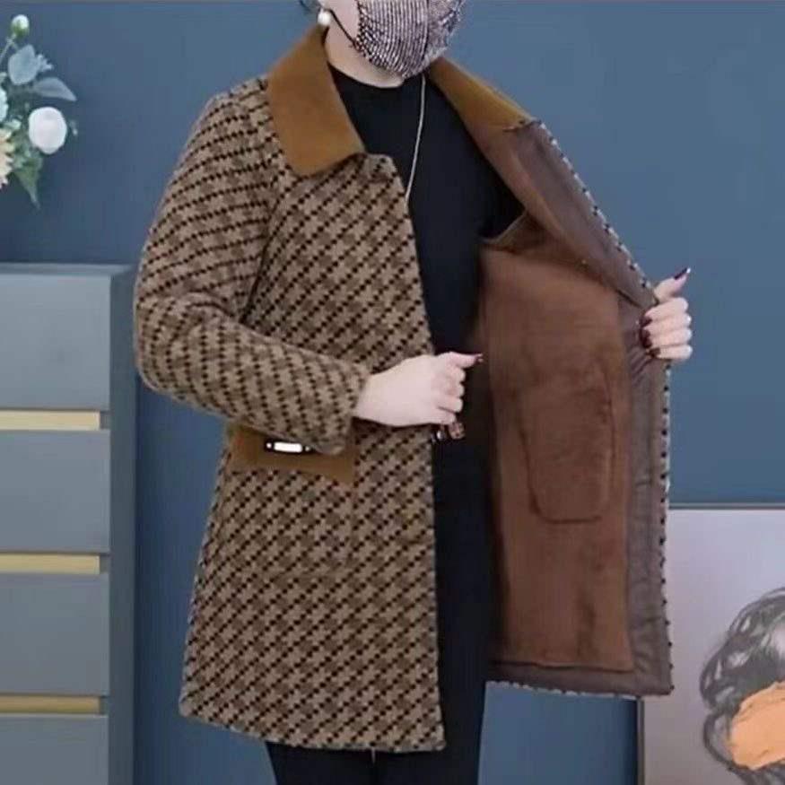 Autumn & Winter Fashionable Mid-Length Plaid Coat for Middle-Aged and Elderly Women