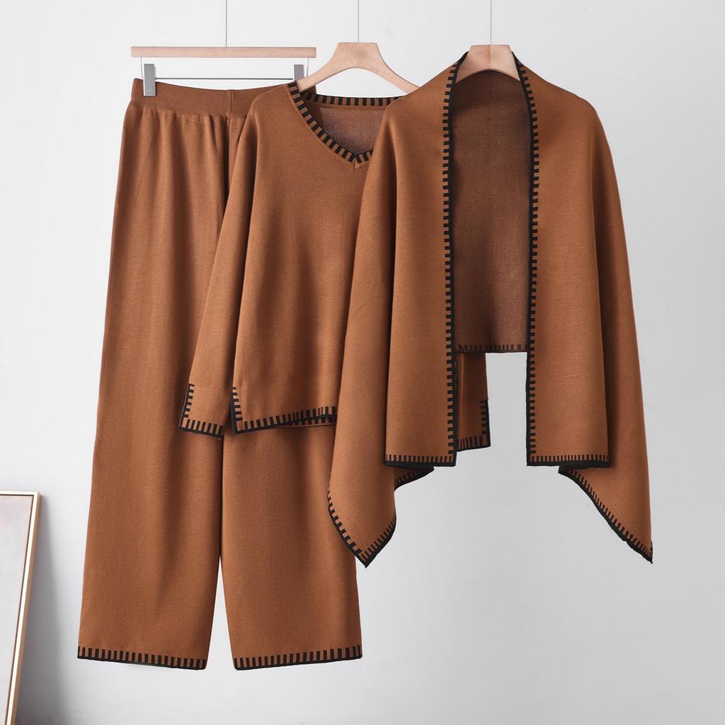 Completo fashion lavorato a maglia da donna autunno inverno casual moda scialle maglione scollo a V pantaloni casual a gamba larga set trendy tre pezzi