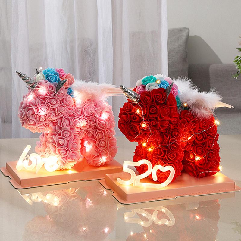 23*23CM Artificial Flower Unicorn with Wings PE Foam Flower Rose Rabbit Valentine's Day Wedding Gift Anniversary Festival Gift Box for Girlfriend