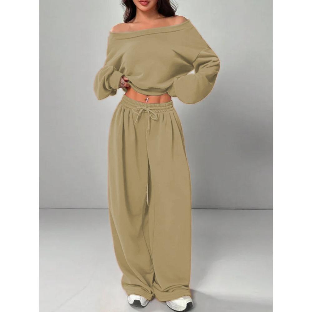 Tuta da Donna Vestibilità Larga Spalle Scoperte Manica Lunga Crop Top Vita Alta Pantaloni Larghi Tuta Due Pezzi