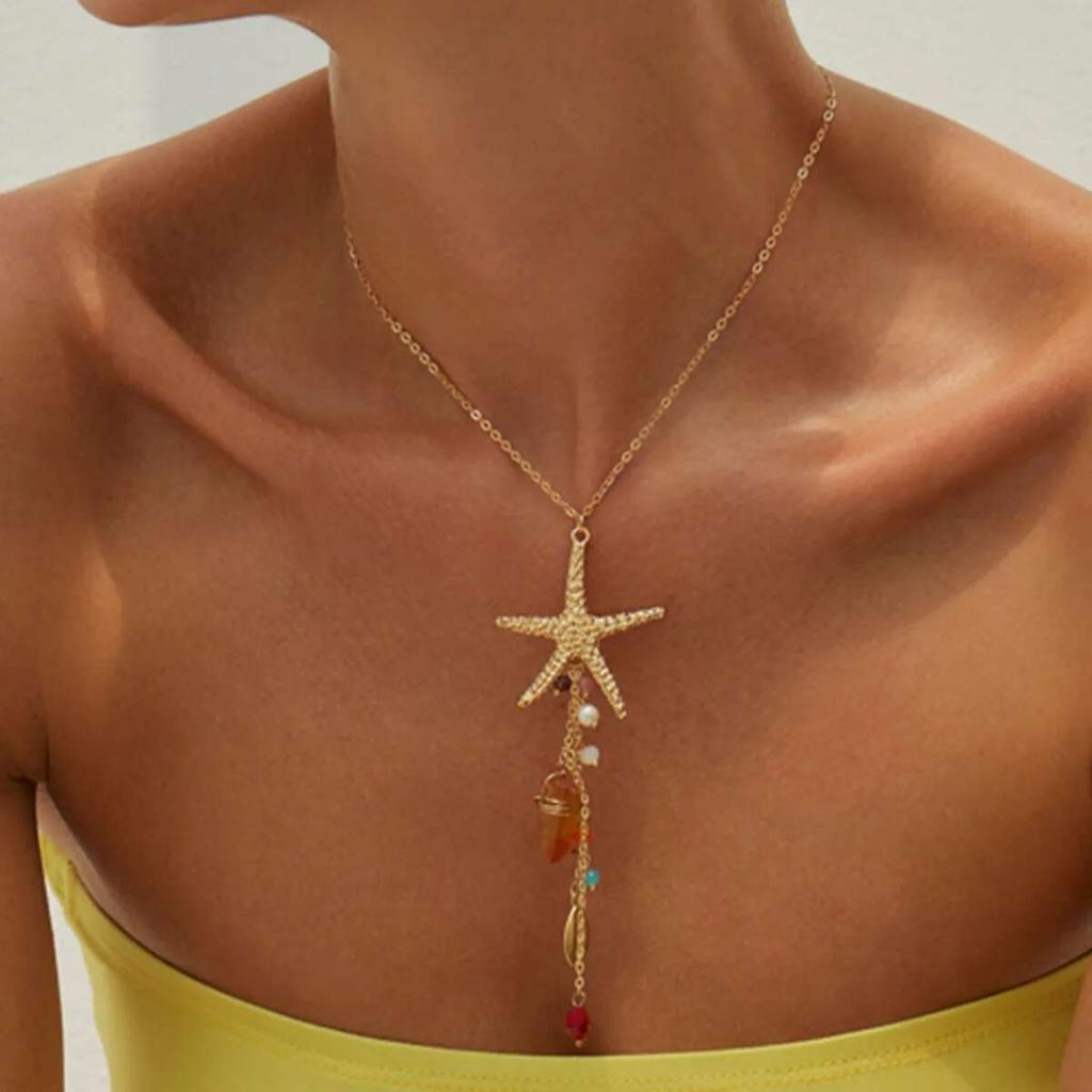 Salircon Trendový přívěsek na náhrdelník Hvězdice Hřebenatka Imitace Křišťálu Třásně Ženy Bohemský Letní Plážový Choker Přívěsek Šperky