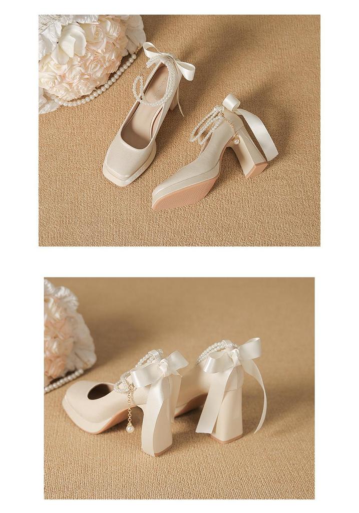 Women's Pearl Suede Mary Janes - Square Toe Chunky High Heels with Bow and Waterproof Platform