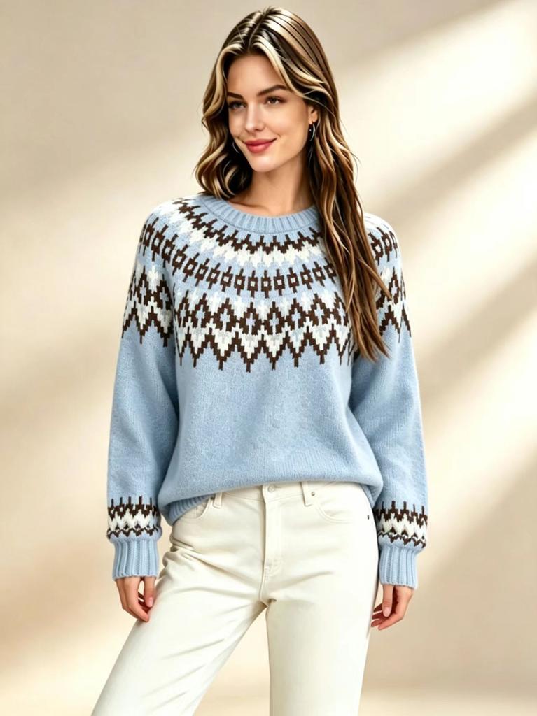 2026 Autumn and Winter Retro Fair Island Jacquard Crew Neck Sweater Women's Loose Lazy Soft Waxy Knitted Sweater Jumper
