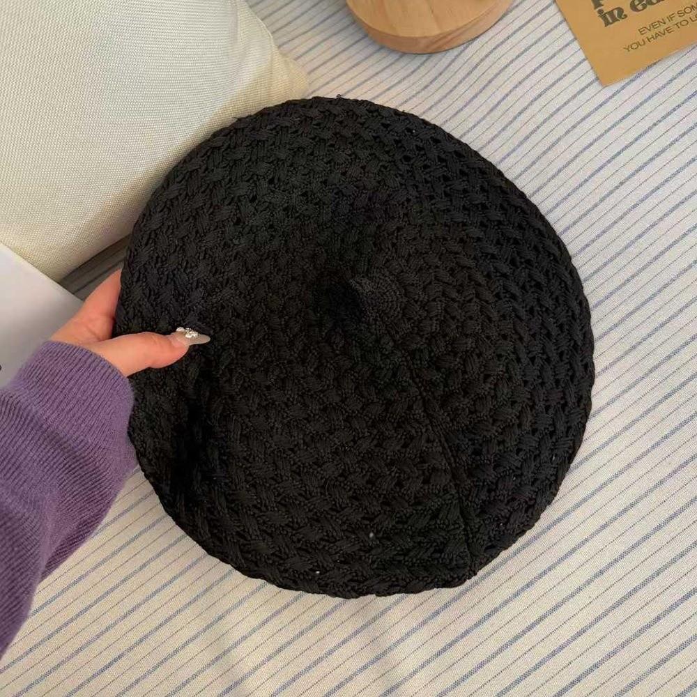 New Solid Color Knitted Beret Hat Stretch Breathable Crochet Painter Cap French Beanie Hat Women Fashion чёрный