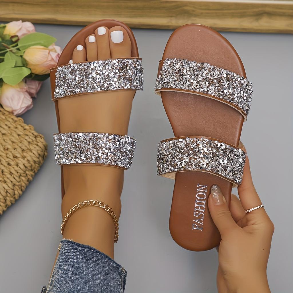 Women'S Wide Width Fashion Flat Sandals - Summer Beach Shoes with Sparkling Rhinestone Accents, Non-Slip Rubber Sole, Comfortable Open-Toe Design