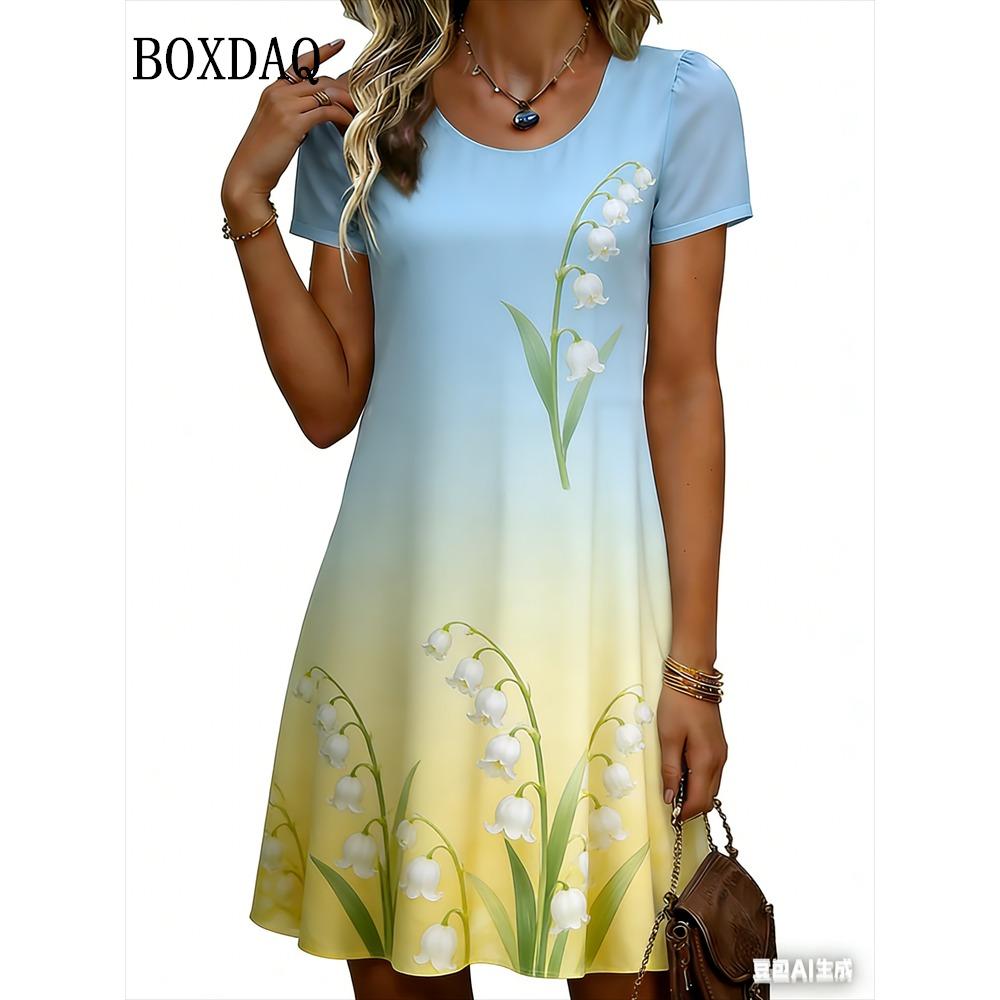 Women's Mini Dress Summer Fashion Gradient Floral Graphic Short Sleeve Dress Casual Round Neck Flower Printed Loose Female Dress