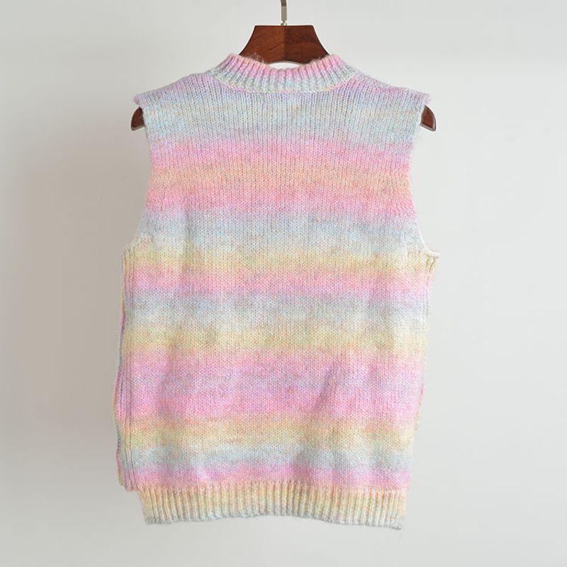 Export Fall and Winter Rainbow Stripes Gradient Color Stylish Pullover Sleeveless Knitwear Sweater Vest Jacket Tops Female
