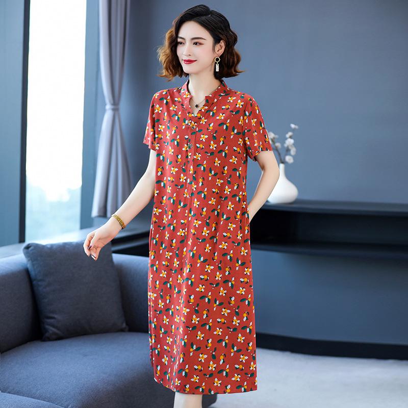 2024 Women's Floral Mid-Length Cotton Silk Slimming Plus Size Skirt Dress