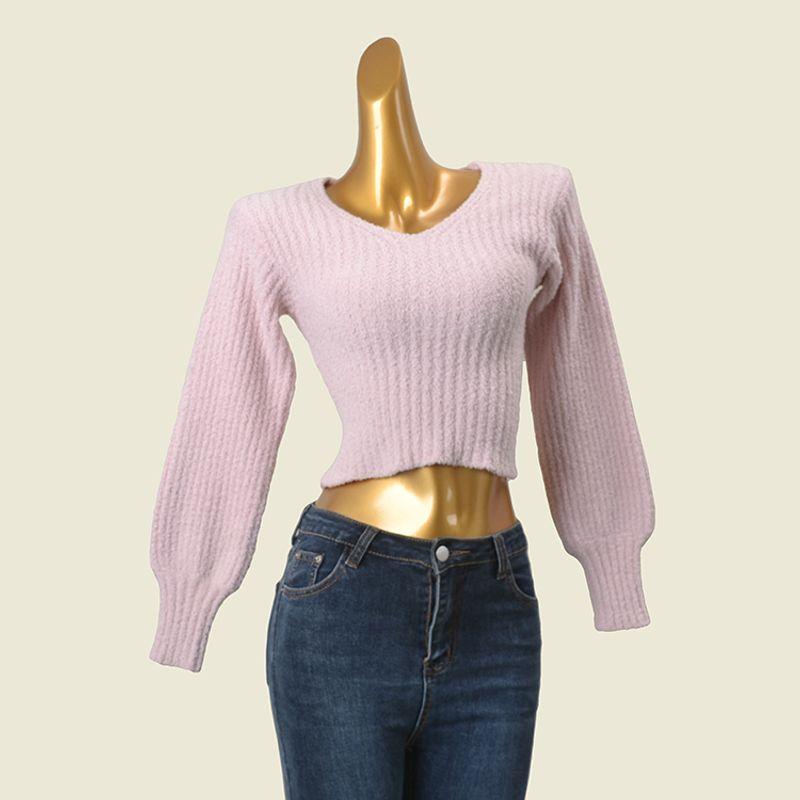 

Foreign Trade Single-Sided Velvet V-neck Lantern Sleeve Pullover Sweater Western Style Solid Slim fit Short Long sleeve Top Pink S