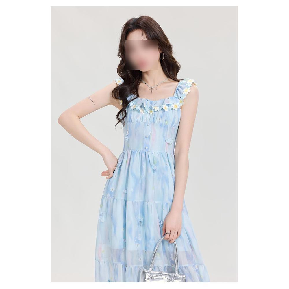 French off-the-shoulder three-dimensional flower square neck suspender dress for girls and girls in summer, new temperament and thin A-shaped long