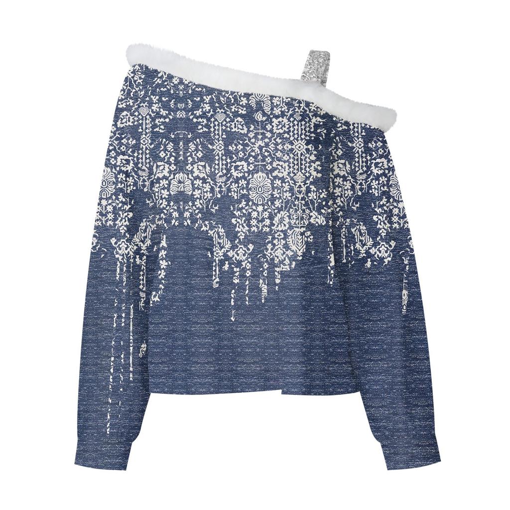 Women's And Winter Long Sleeved Single Shoulder Strap Printed Pullover Top