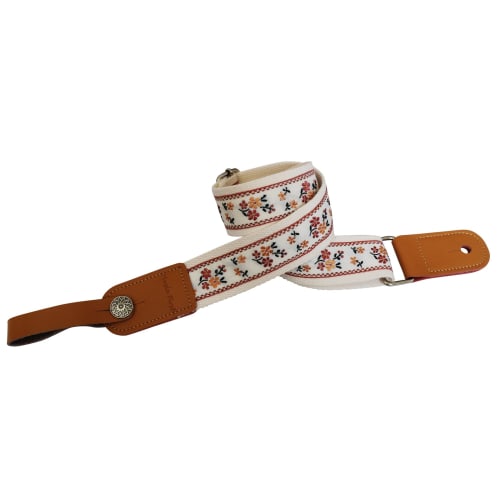 This is a genuine leather ukulele strap with a vintage floral embroidery, an original design by MUSIC FIRST. It is a ukulele shoulder strap with a gen