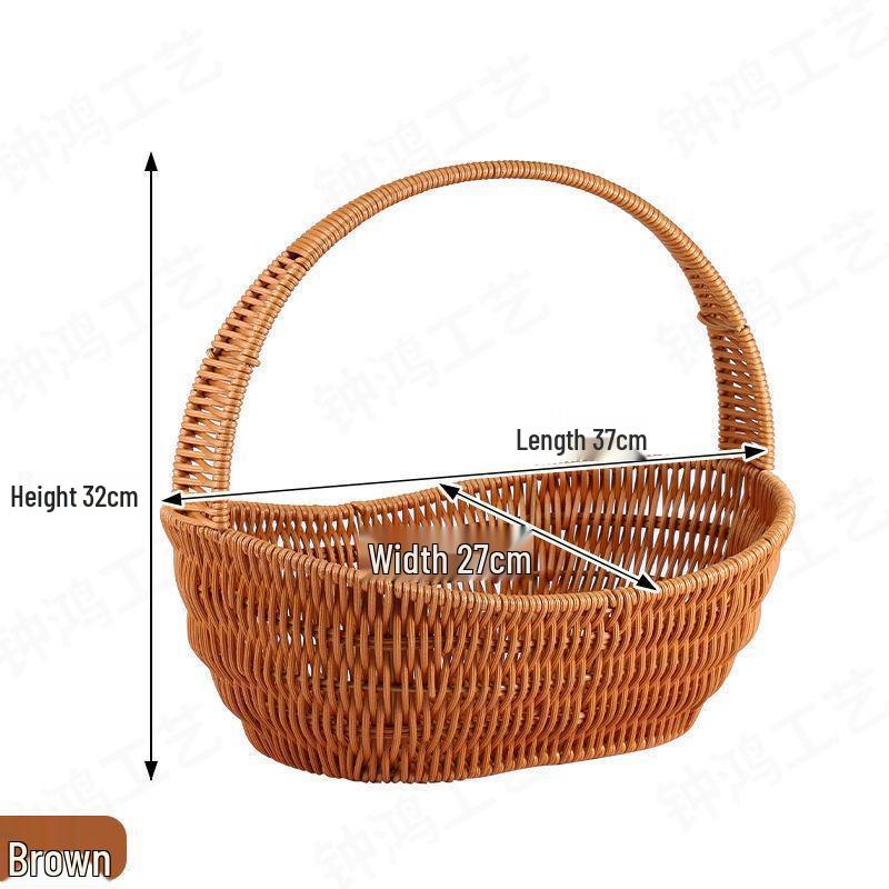 Rattan-Look Iron Frame Handbasket: Plastic Woven Flower, Vegetable, Shopping, Wedding Gift, Outdoor Restaurant Storage Basket.