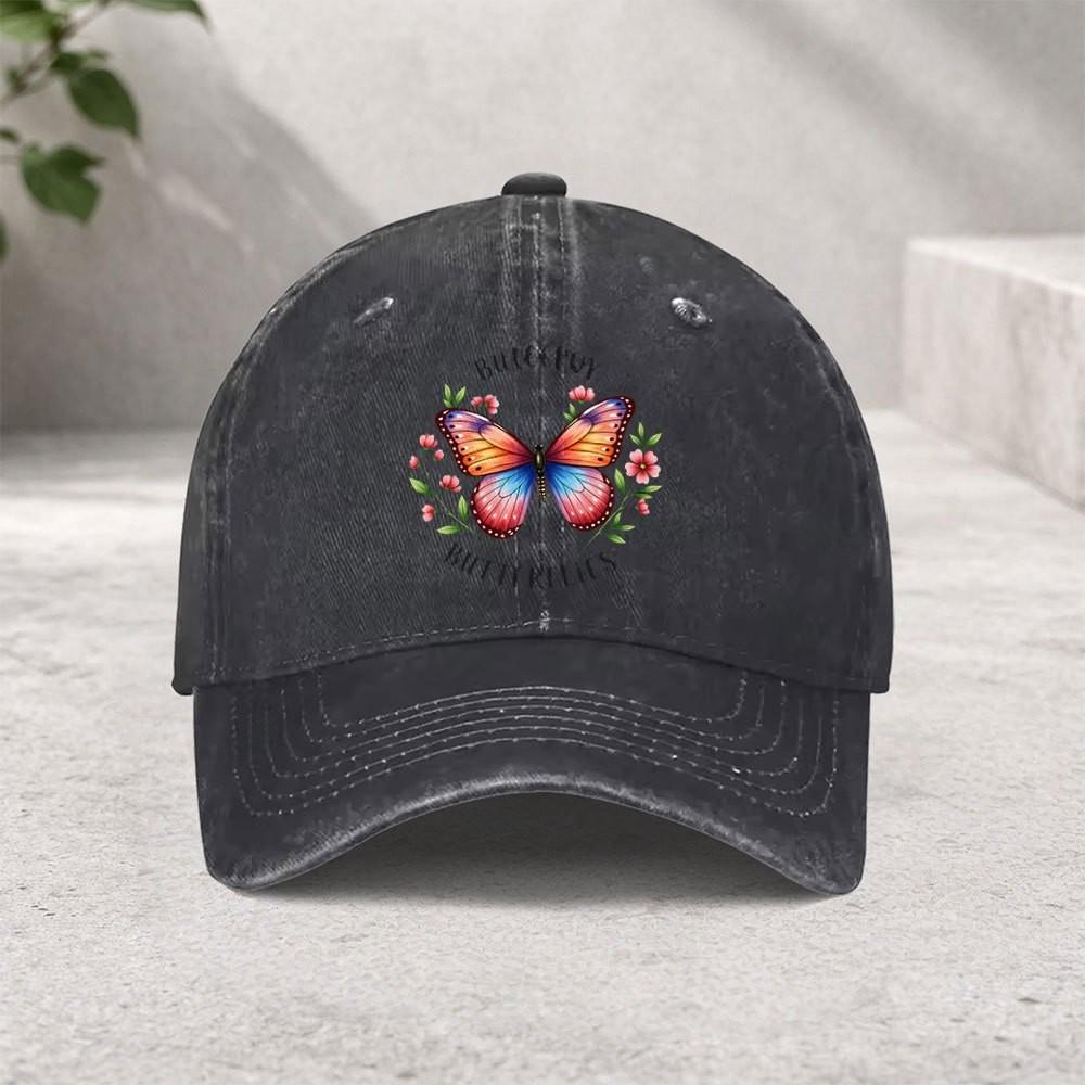 Colorful Butterfly Floral Baseball Cap Washed Denim Adjustable Street HipHop Hat