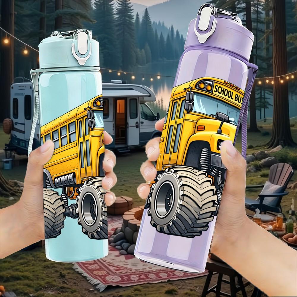 1PC Yellow Monster Truck School Bus Vehicle 750ml Color Plastic Sports Water Bottle Leakproof Flip Straw Lid Suitable for Sports Office Home Use