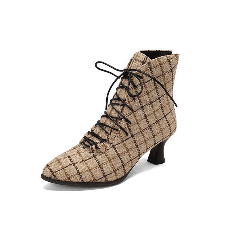 

Women Boots 2025 Autumn Winter Suede Pointed Toe Plaid Shoes Women Lace Up Ladies Pumps Custom Chunky Heels Ankle Boots WSH4723 39