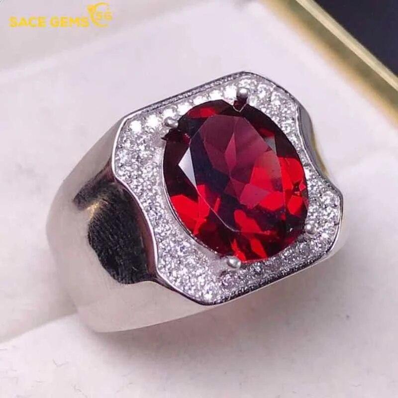 

SACE GEMS 9*11 мм кольцо с натуральным гранатом для мужчин из стерлингового серебра 925 пробы на свадьбу, помолвку, ювелирные украшения, подарок Open красный