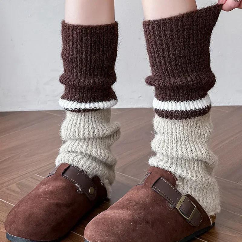 New Vintage Thickened Warm Leg Warmers Y2k Women Color Block Wool Knitted Long Socks Stacking Boot Cuffs New Design 2026