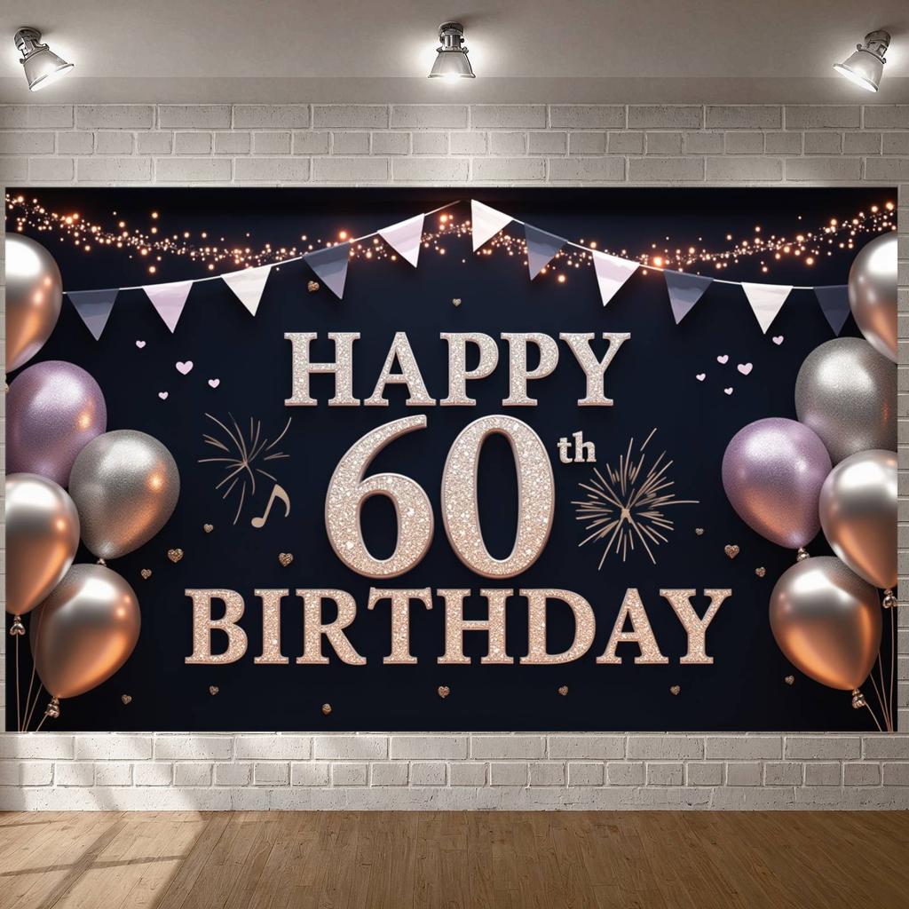 60th Birthday Celebration Background Triangle Pennant Banner 60th Birthday Display Luxury Birthday Backdrop Pink Heart Accents