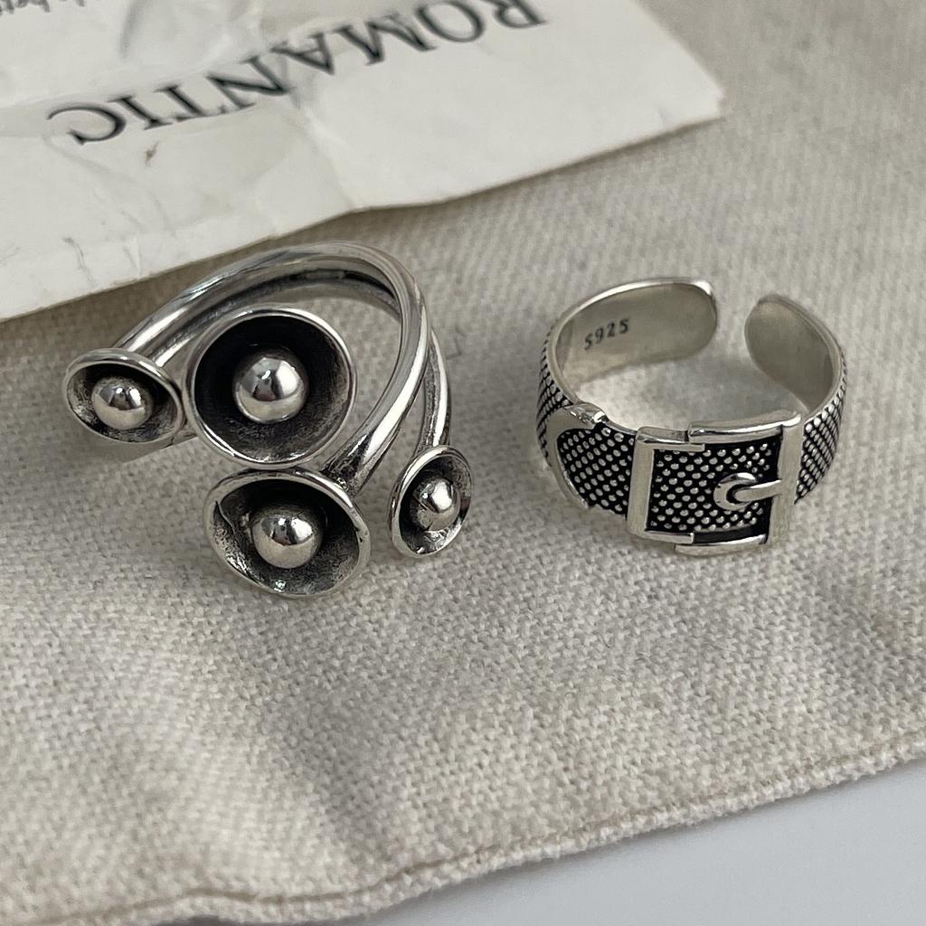 925 Sterling Silver Rings For Women Geometric Fine Jewelry Finger Adjustable Simple Retro Flower Ring For Party Birthday Gift