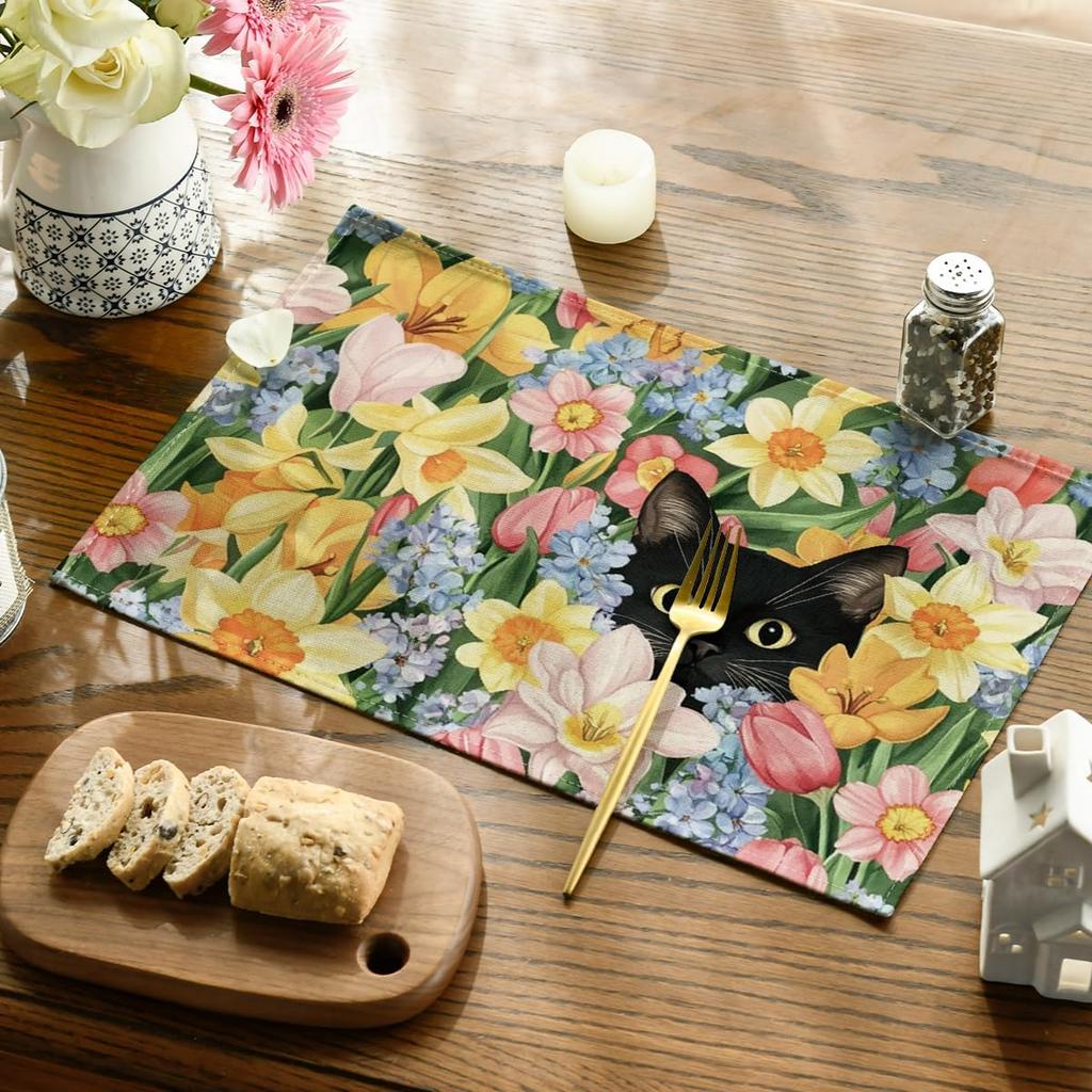 Artoid Mode Tulip Flowers Cat Spring Placemats Set of 4, 12x18 Inch Seasonal Summer Holiday Table Mats for Party Kitchen Dining Decoration